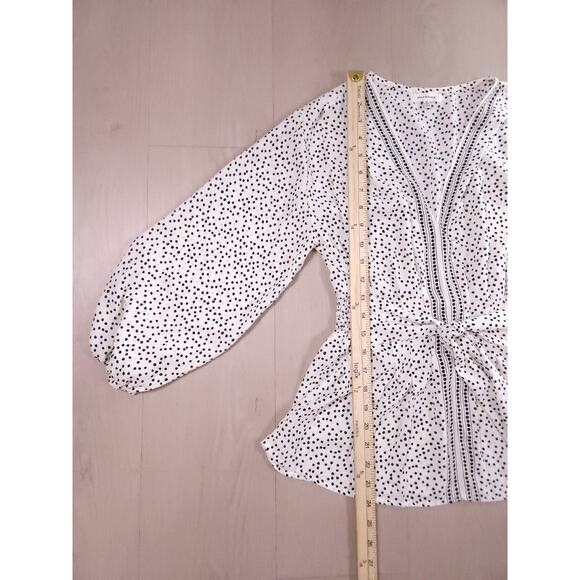 Max Studio Polka Dot Peplum Blouse Women’s S – Tie Waist, Balloon Sleeves - Picture 8 of 12